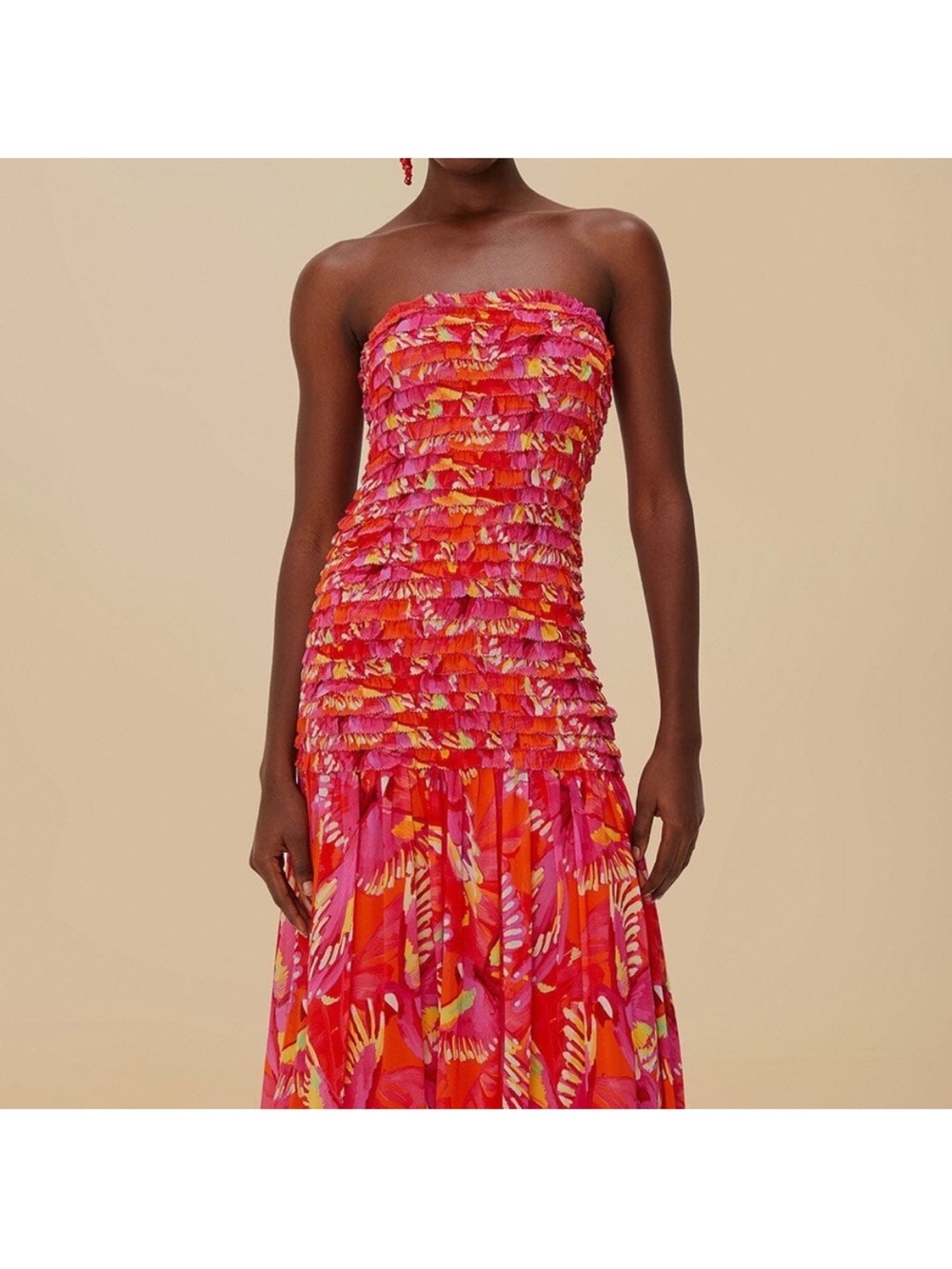 Farm Rio - NWT- Orange Flying Birds Strapless Smocked Maxi Dress - Picture 5 of 15